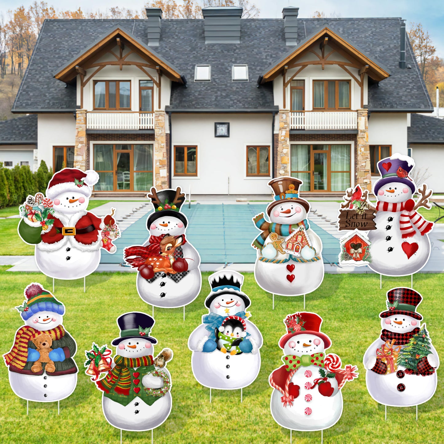 TREWAVE 9 Pcs Christmas Yard Signs with Stakes - Snowman Yard Stakes - Winter Outdoor Christmas Yard Decorations - Holiday Garden Signs for Lawn Pathway Outside Decor