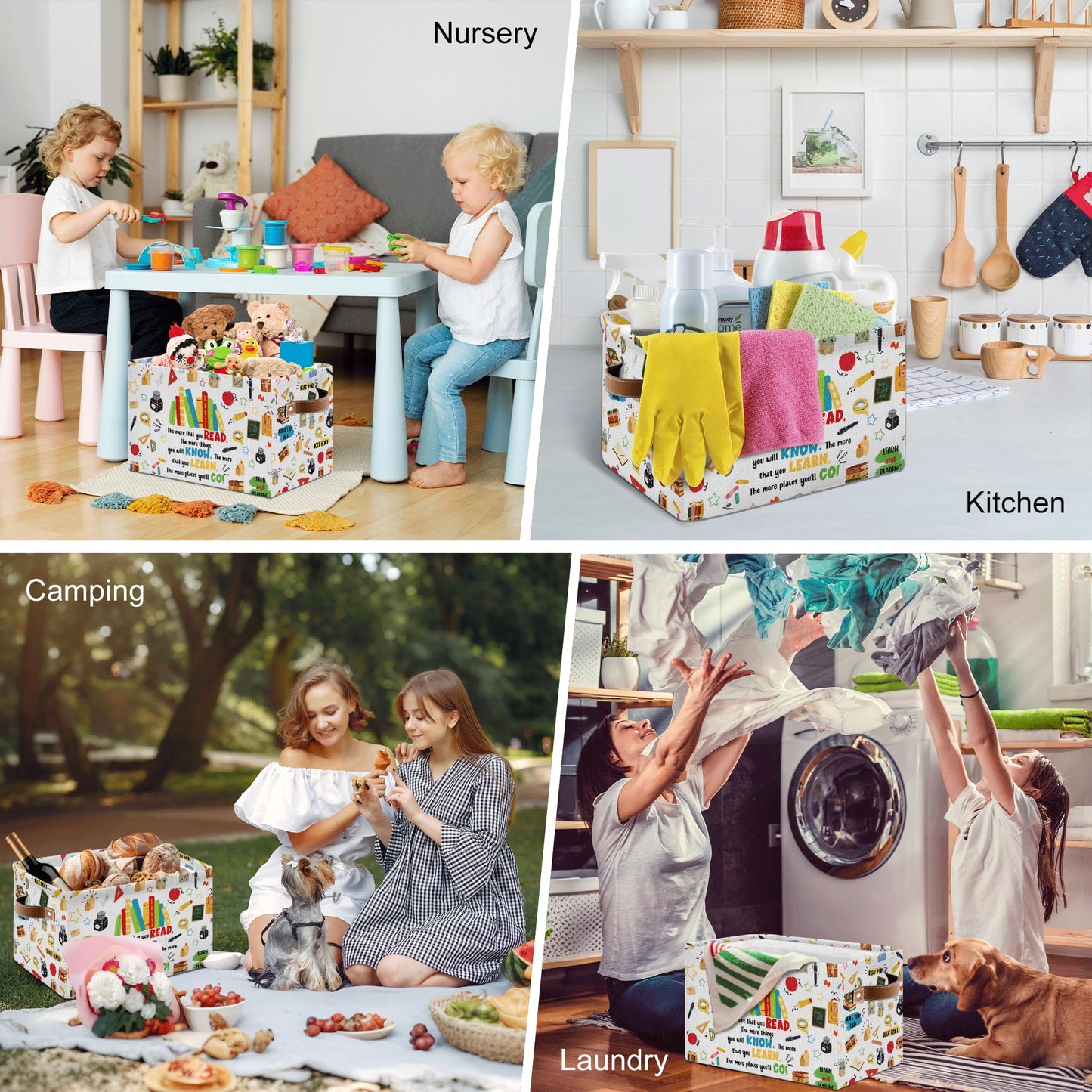 JOPJOLIW Reading Book Rectangle Storage Basket - Book Themed Collection Collapsible Storage Baskets with Handles - Reading Books Pattern Storages Bin for Kids Clothes, Gifts, Books,Toys