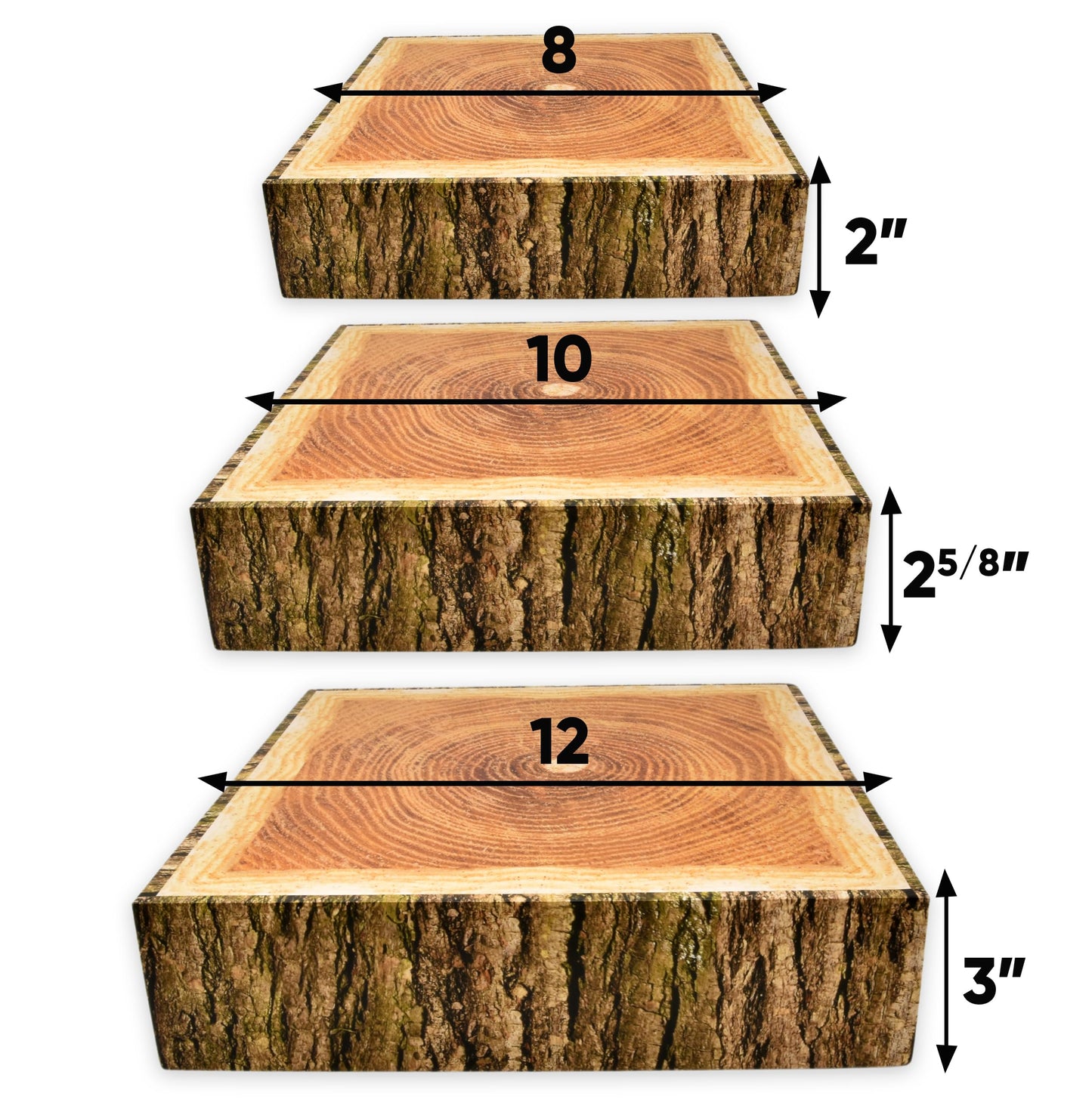 Gift Boutique Wood Look Cake Stand Holder Set of 3 Square Cardboard Dessert Display Stands 8 10 12 Inch Tree Slice Bark Base Cupcake Tray for Wedding Table Decor