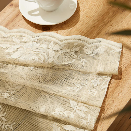 SEEKRIGHT Beige Lace Curtains 84 Inches Long Victorian Floral Sheer Curtains for Living Room Bedroom Decor Drapes Rod Pocket Light Filtering French Window Curtains 2 Panels Set for Dining Room, 52x84
