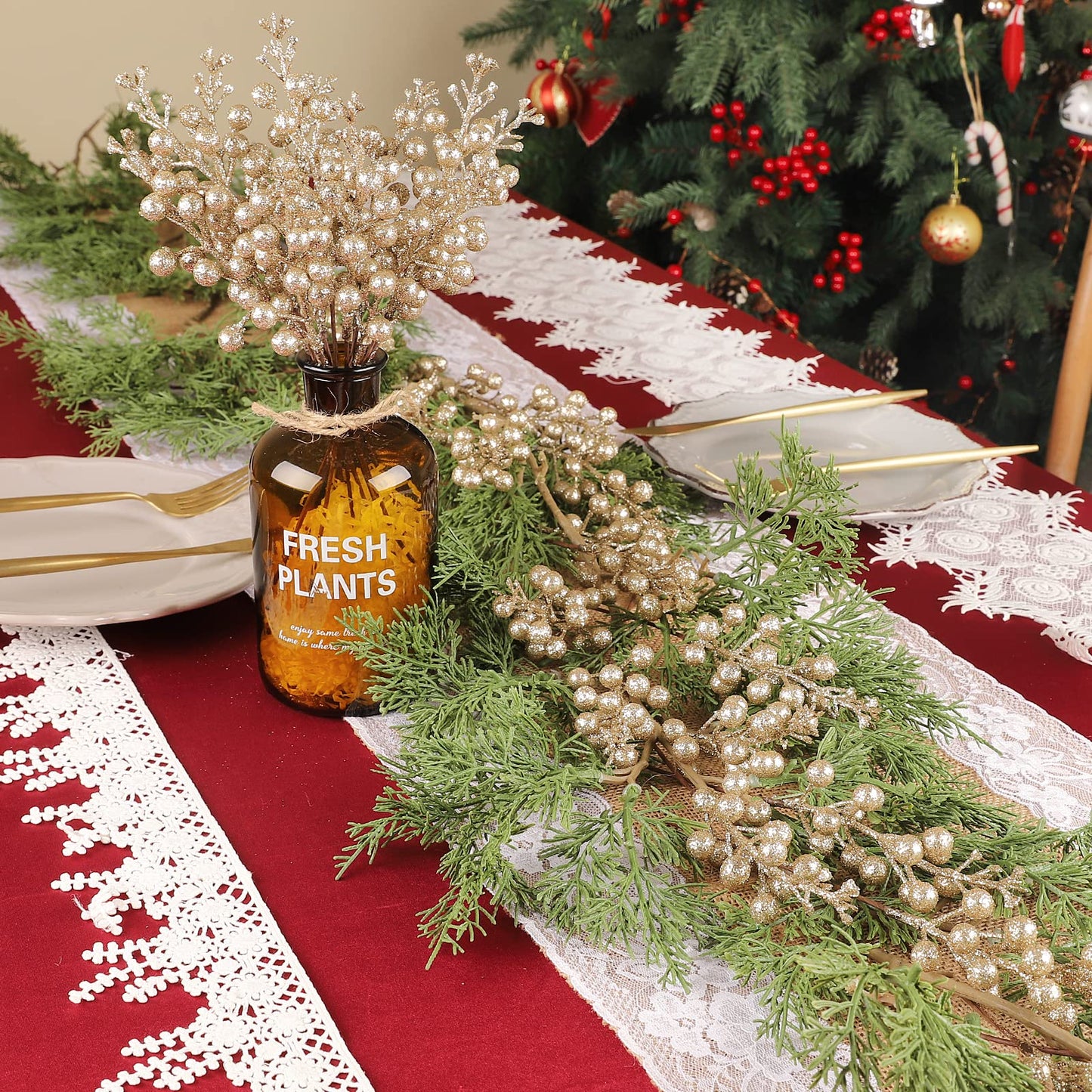 HOHOTIME 36Pcs Christmas Glitter Berries Stems, 9.5 Inch Artificial Christmas Tree Picks for Christmas Tree Decorations Ornaments DIY Crafts Vases Holiday Wedding Home Xmas Decor(Champagne)