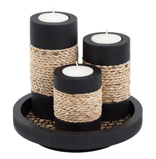 IYARA CRAFT Tealight Candle Holders with Tray – Set of 3 Rustic Black Wooden Candle Holders with Natural Rope Accent, Cozy Centerpiece for Romantic Dinner Table Decor, Anniversary & Housewarming Gifts