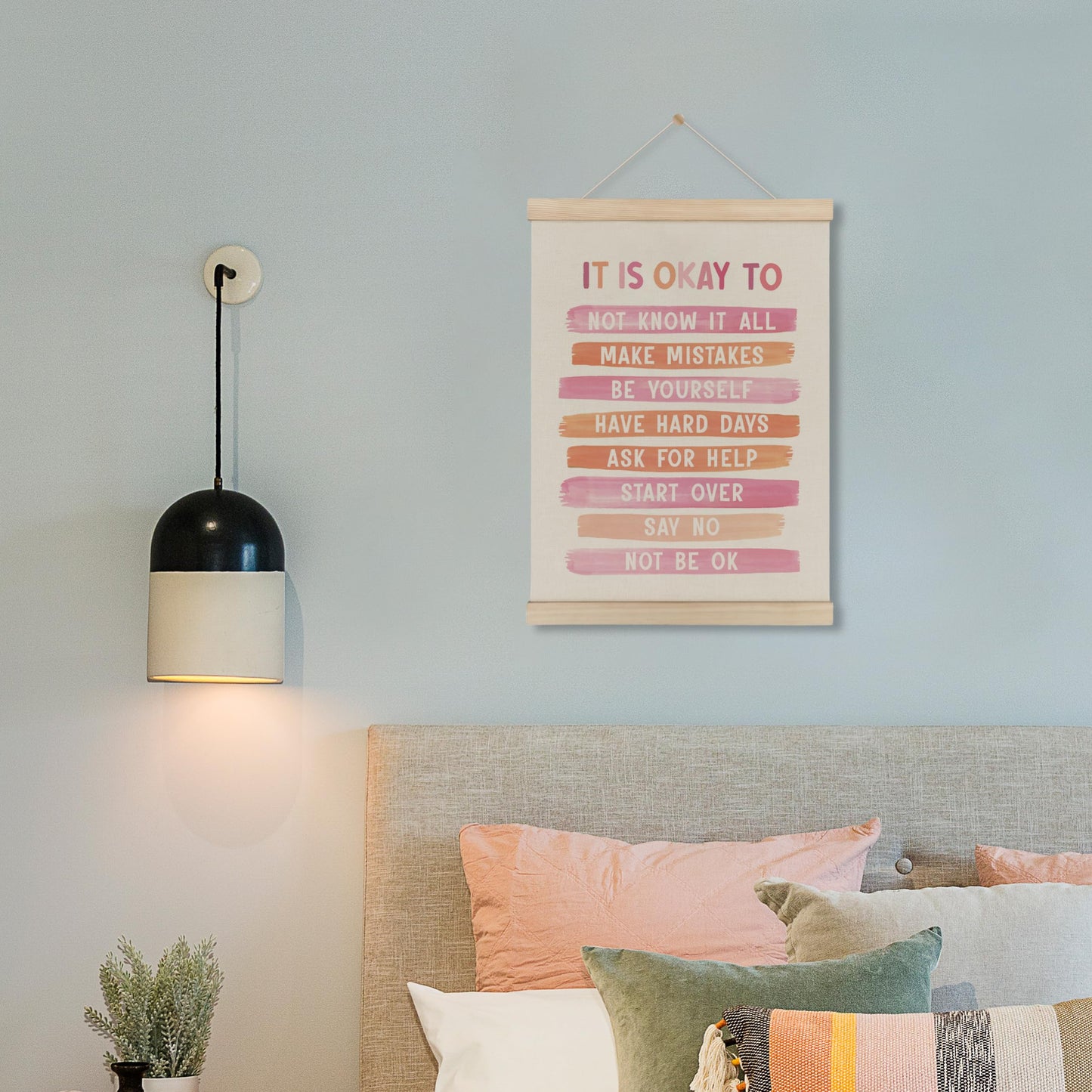 HRQKO It is Okay Pink Boho Poster Hanger Frame, Pink wall decor, Inspirational Posters Wall Art with Wooden Frames, Mental Health Wall Hanging Banner for Therapy Office Girls Room Nursery, 12x16 Inch