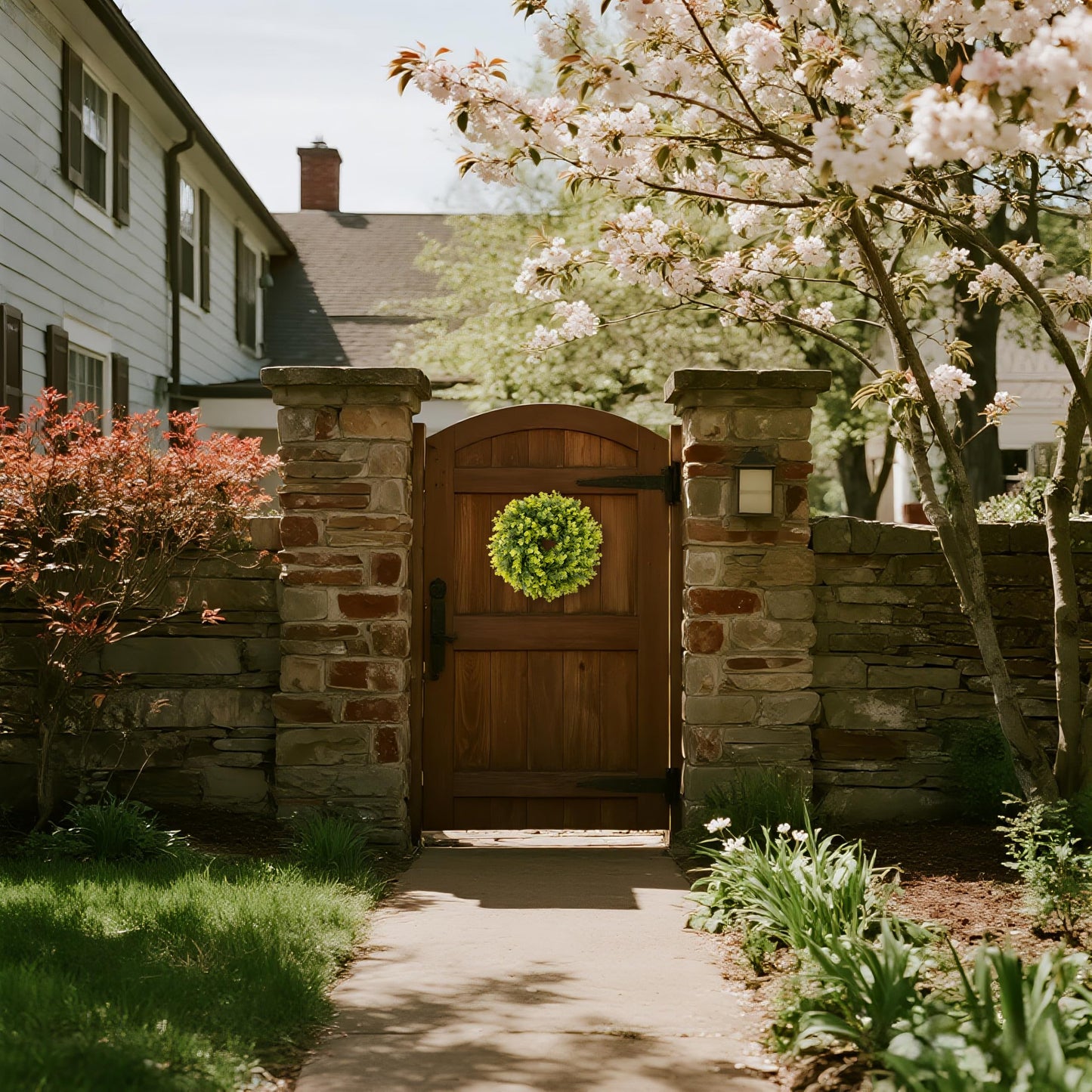 IPLNTS Summer Wreaths for Front Door 15" Artificial Boxwood Wreath Spring Door Wreath for Farmhouse Wedding Festival All Season Home Decor