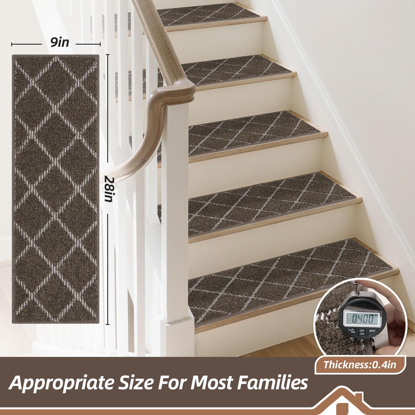 BEQHAUSE Stair Treads Non Slip Stair Runners for Wooden Steps Machine Washable Stair Rugs Soft Polyester Stair Runner Mats for Dogs Kids Brown Carpet Stair Treads,4PCS