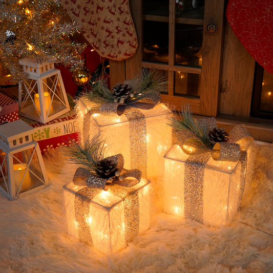 Set of 3 Christmas Lighted Gift Boxes with 60 LED Lights, Plug-in Holiday Decorations for Xmas Tree, Home, Indoor Outdoor Décor(Silver)