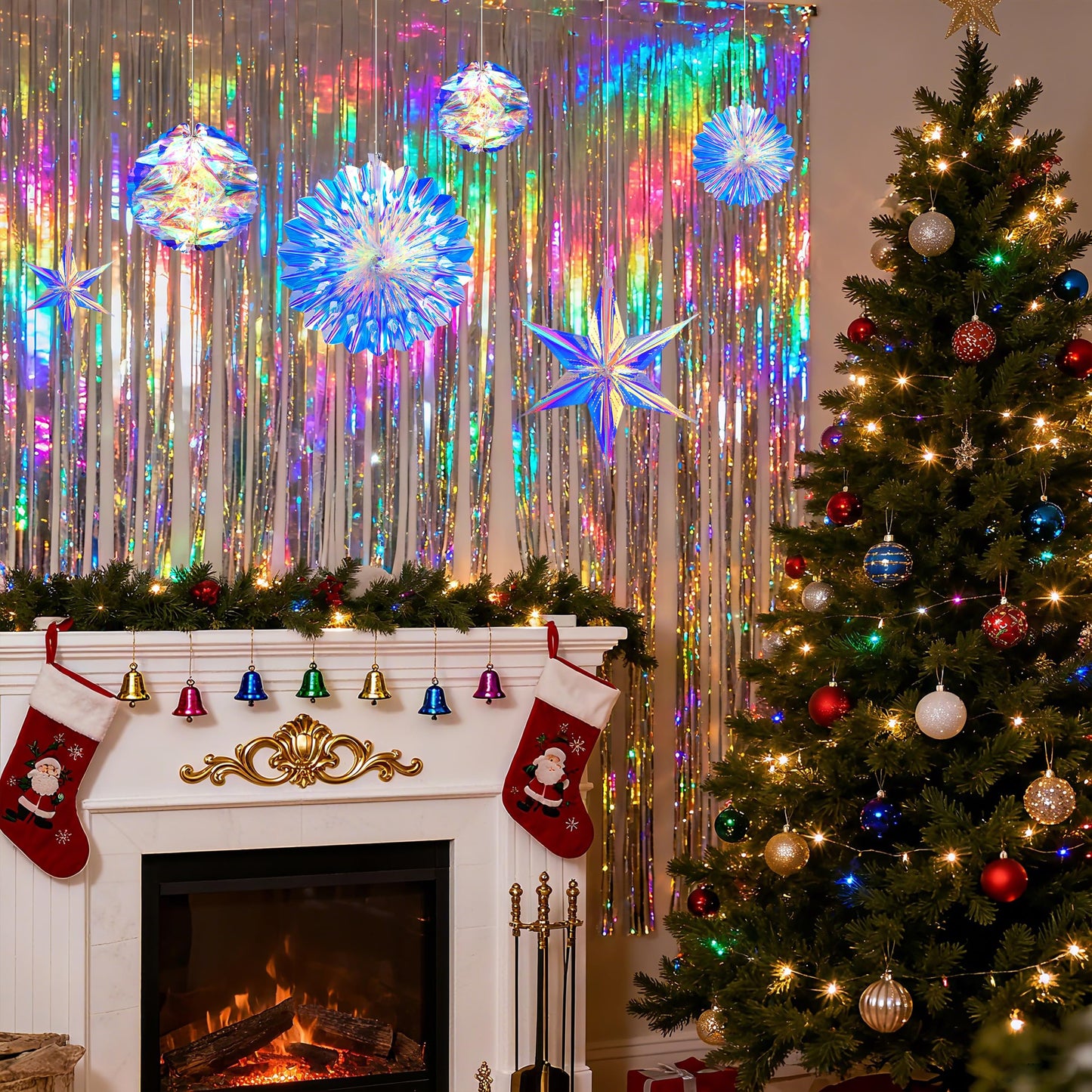 BTSD-home Iridescent Party Decorations, Hanging Honeycomb Balls, Paper Fans & 3D Star Ornaments, Holographic Ceiling Decor for Birthday, Wedding, Baby Shower, Christmas, Disco & Euphoria Theme Parties