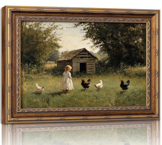 Vintage Gold Framed Farmhouse Chicken Wall Art Retro Country Farm Girl and Chicken Canvas Wall Decor Retro Rustic Poster Artwork Farmhouse Animal Picture for Home Living Bedroom 9x11in