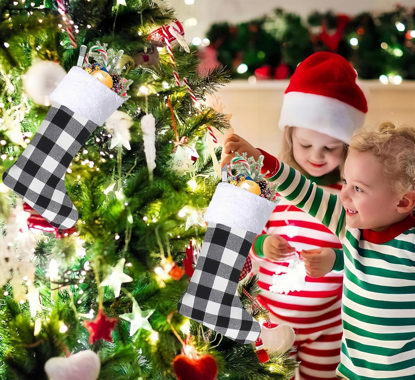 Christmas Stockings 4 Pack,Buffalo Plaid Christmas Stockings,20 Inch Classic Large White Black Plaid Christmas Stockings Decorations,Xmas Stockings Set of 4 Fireplace Family Holiday Party Decor