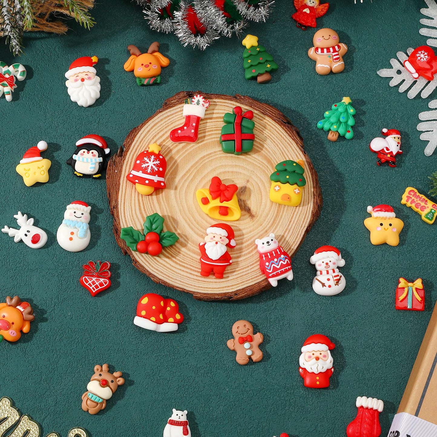 DTOFOOT 60 Pcs Mini Christmas Resin Charms，60 Styles Miniature Ornaments Flatback Resin Charms Beads for Scrapbook Phone Cases Hair Clips DIY Christmas Craft Supplies
