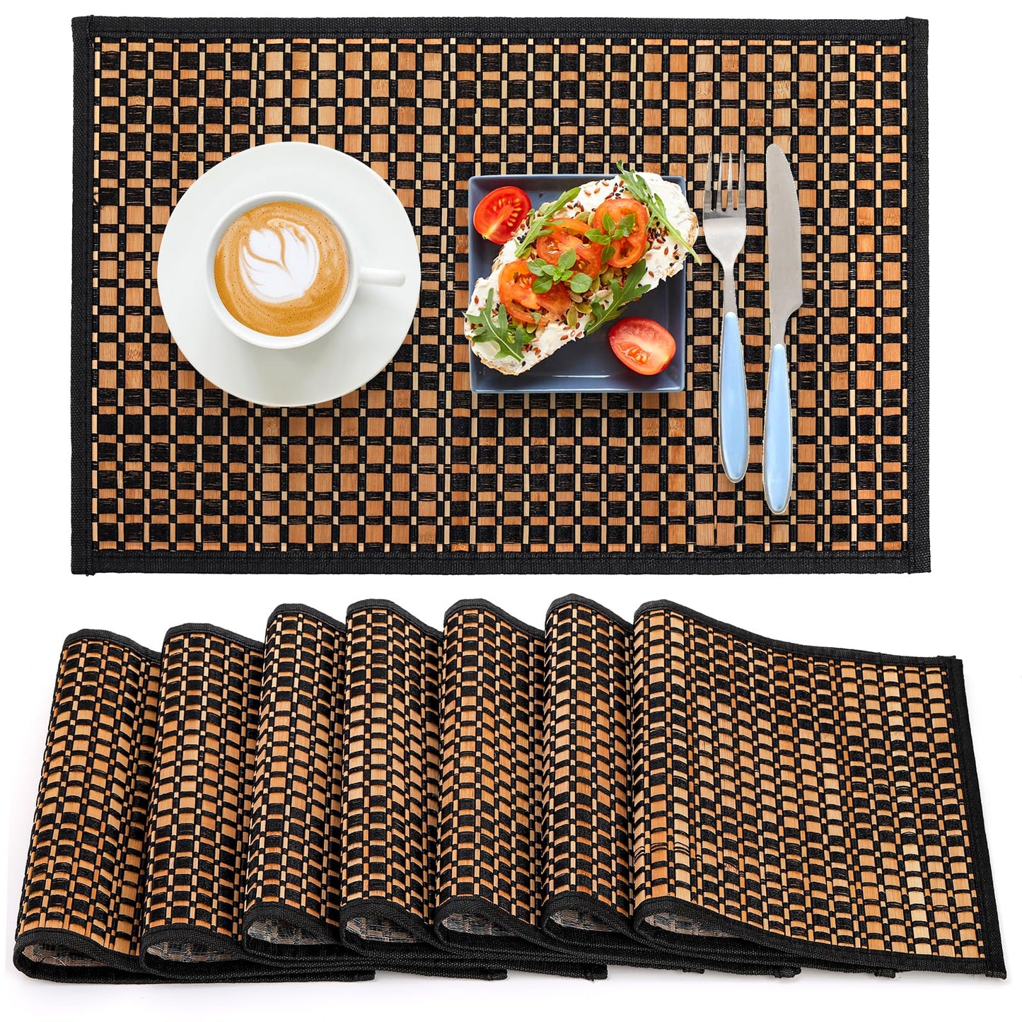 Eorbow 8 Pack Bamboo Placemats, Natural Anti-Slip Dining Table Mats, Heat-Resistant Place Mats, Japanese Style Washable Placemats for Dining Room, Kitchen, Restaurant, 18 x 12 Inch