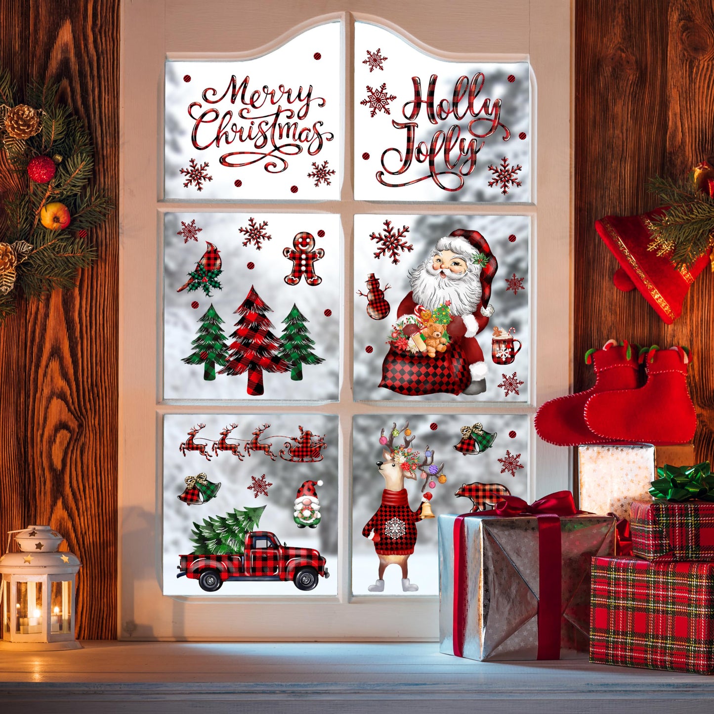 BORAMDO Christmas Window Clings 12 Sheets, Buffalo Plaid Xmas Window Decals Stickers Removable Holiday Decorations for Home & Office, 12 Styles