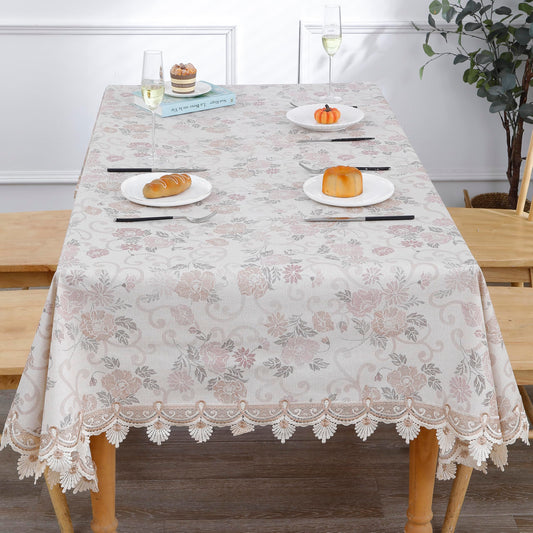 Walrus Heavy Duty Vinyl Tablecloth Elegant Floral Lace-Trimmed Tablecloth Vintage Flower Pattern, Waterproof Oil-Proof Plastic Table Cloth Stain-Resistant Wipeable(Floral Vintage, 60X60 Inch)