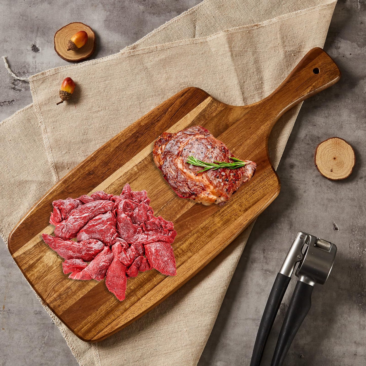 TEIBVG Acacia Wood Cutting Board and Cheese Board with Handle for Braed, Chopping Board, Meat, Fruits and Charcuterie - Decorative Wooden Serving Board for Kitchen, 17x7 Inch