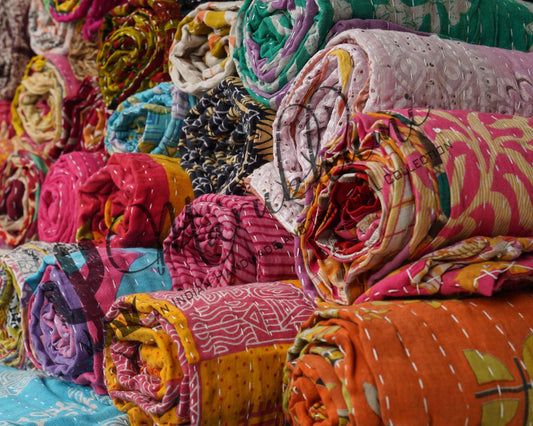 Marubhumi Vintage Kantha Quilt – Handmade Reversible Cotton Throw Blanket with Assorted Patchwork | Boho-Style Decorative Bedding for Sofa, Couch, Bed & Picnic | 1 Pc