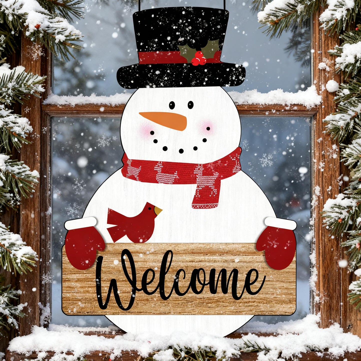 Snowman Merry Christmas Welcome Sign - Snowman Christmas Door Hanger - Hello Winter Snowflake Round Wooden Decor for Tree, Front Door, Porch, Wall, Party Hanging Decorations, 10X10 Inches -B09