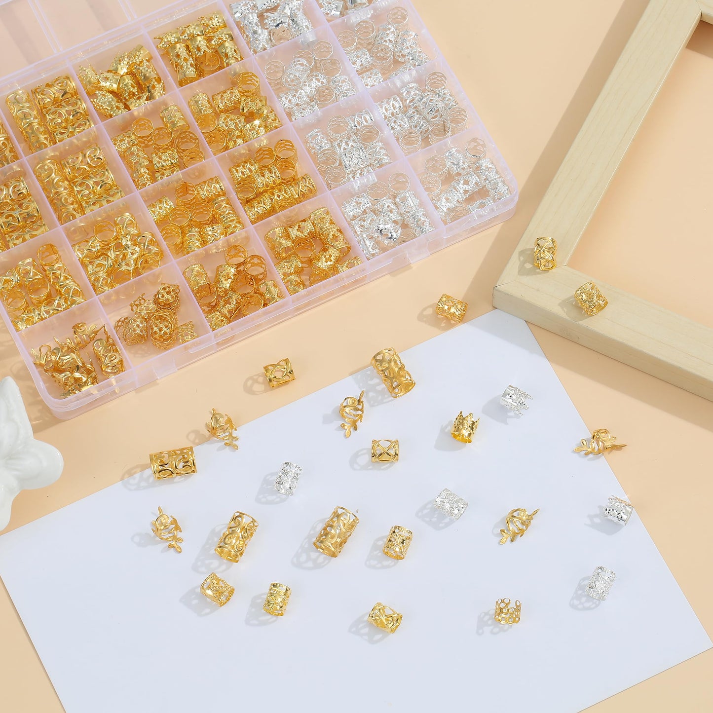 MODASER 220 Pcs Gold Hair Jewelry for Braids, 12 Styles Gold and Silver Hair Accessories Cuff for Braids and Dreadlocks, Adjustable Metal Rings Cuffs Clips for Dreadlock Accessory Jewelry Decorations