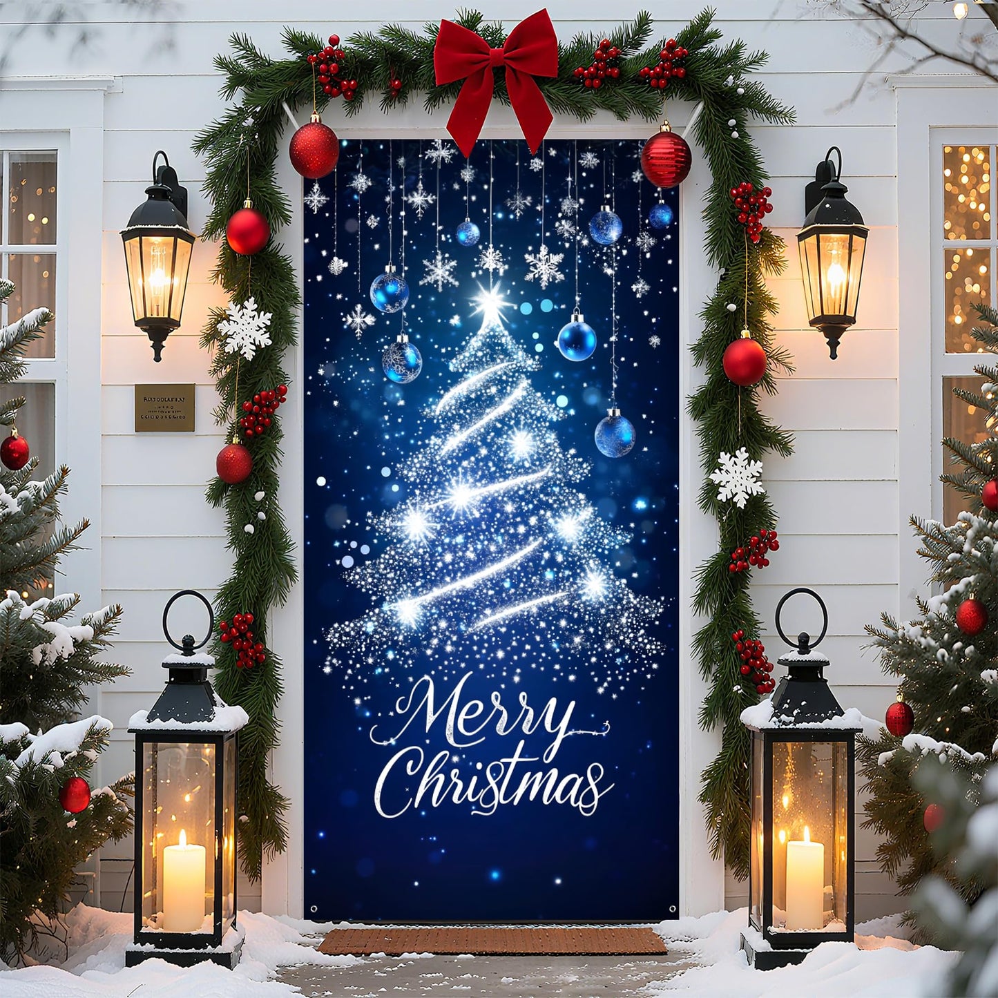 Christmas Door Cover Xmas Banner, 70.8 x 35.4 inch Hanging Front Door Cover Christmas Decor Backdrop Santa Background for Home Winter Holiday, Blue Christmas tree