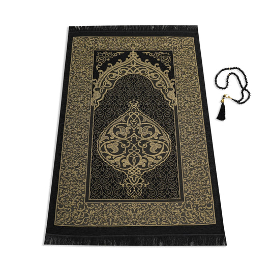 SUMELA Muslim Prayer Rug with Islam Prayer Beads - Travel Prayer Mat, Islamic Gifts for Women, Portable Prayer Matt Islam, Islamic Prayer Rug Islam Men Women, Praying Mat for Muslim Gifts, Black