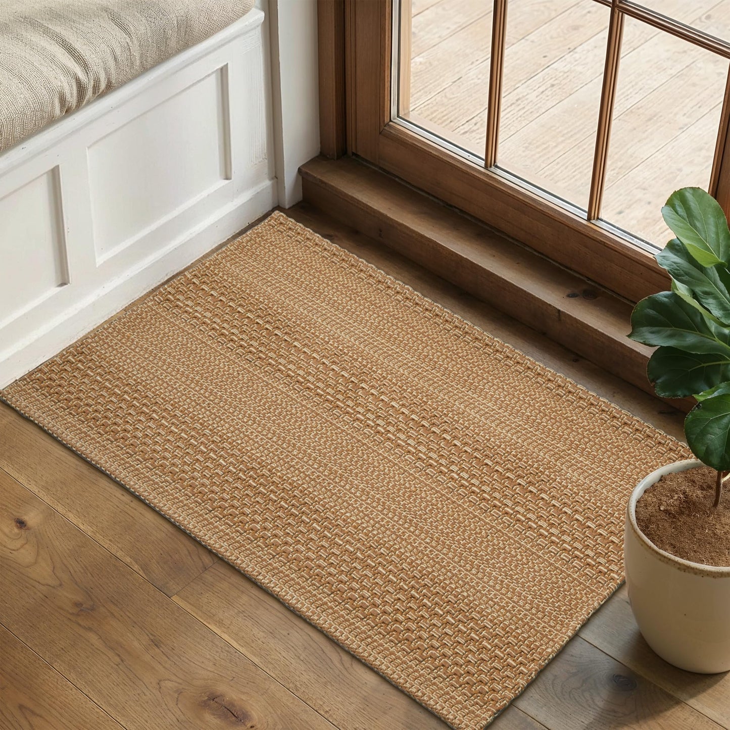 MatEssenz 2x3 Textured Washable Entry Rug, Natural Woven Low-Profile Door Mat with Non-Slip TPR Backing, Brown, for Entryway, Kitchen, Laundry Room
