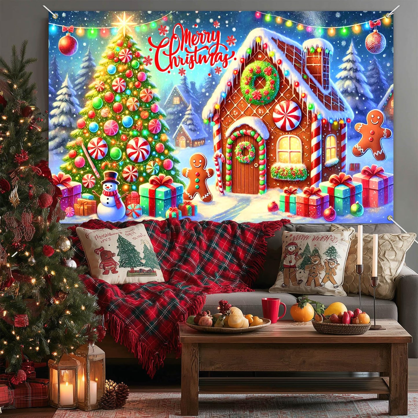 BlissYard Gingerbread Christmas Backdrop 71x43 Inches Snowman Tree Scene Banner Holiday Photography Background Indoor Outdoor Merry Christmas Decoration for Wall Party Display
