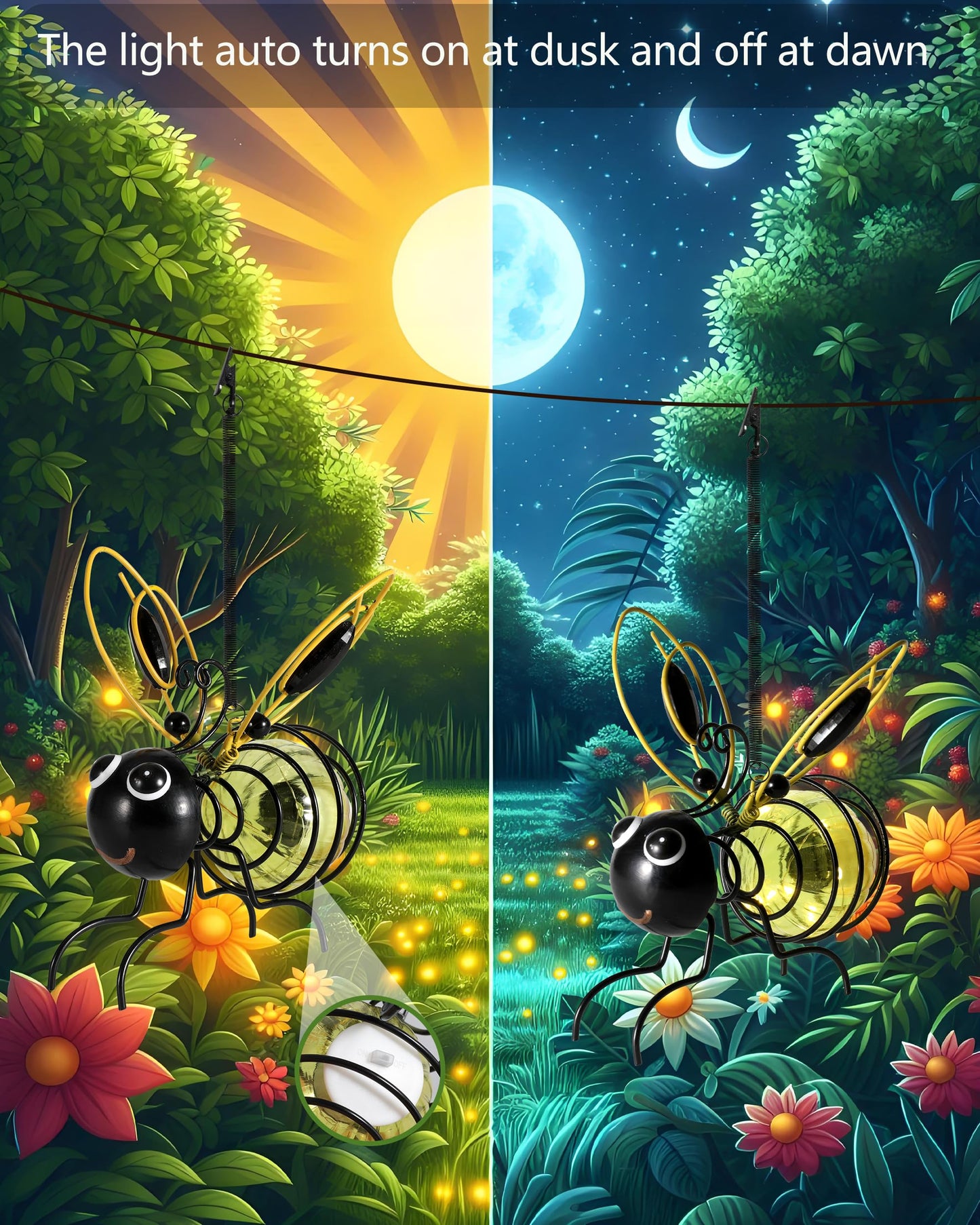 Lighted Outdoor Display - Solar Powered Hanging Bee Decor with Bouncy Springs - Outdoor Hanging Solar Lights for Garden Decor, Yard, Patio, Porch (Yellow)