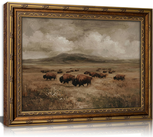 Gold Framed Wall Art Vintage country Bison Herd Canvas Painting Picture Wall Decor Retro Rustic Farmhouse Animals Poster Print Artwork for Living Corridor Classroom Bedroom Room Home Decoration