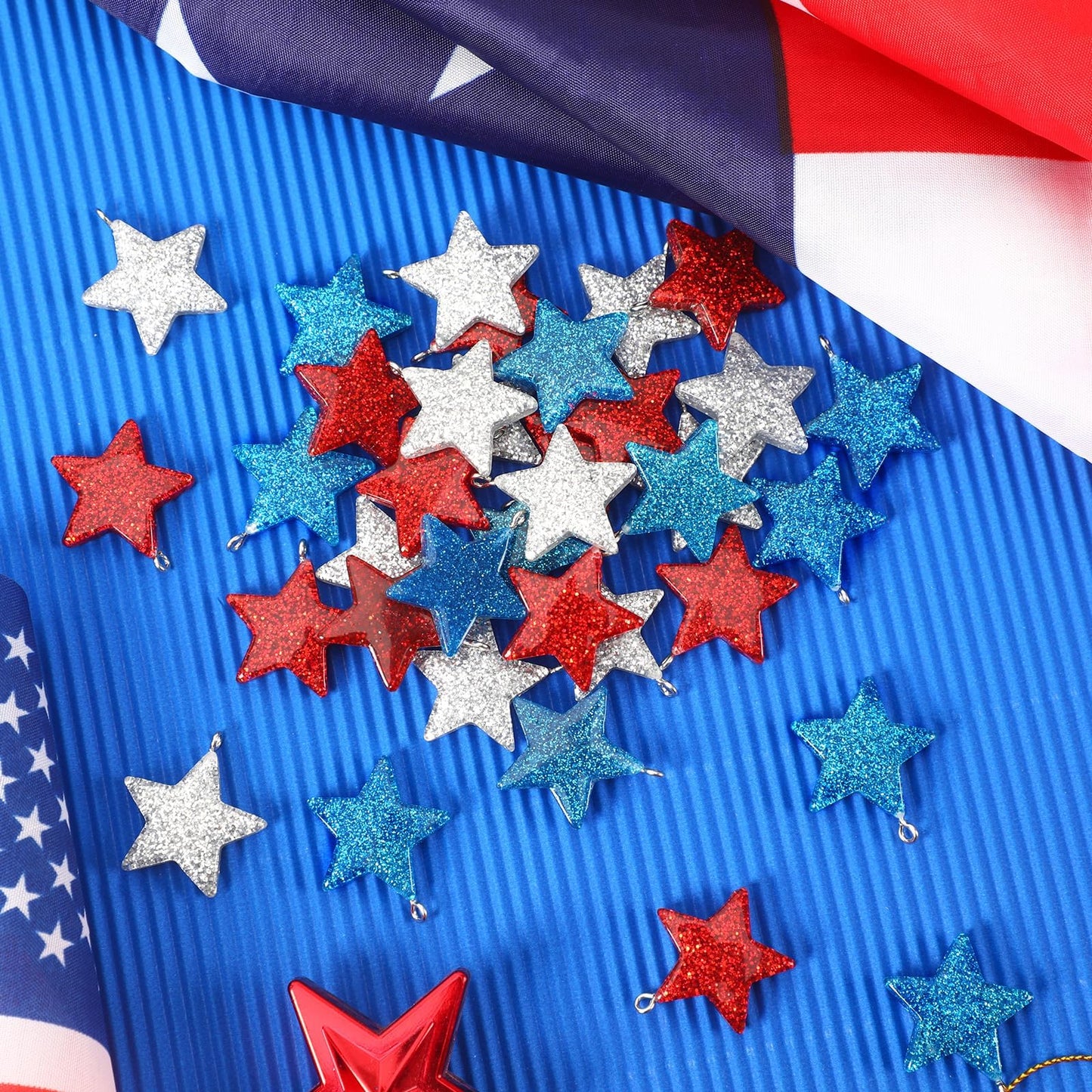 DTOFOOT 48PCS Mini Resin Patriotic Star Ornaments 4th of July Hanging Pendants for Small Tree Glitter Blue Red Star Charms with String for Memorial Day Independence Day 250th Anniversary Party Decor