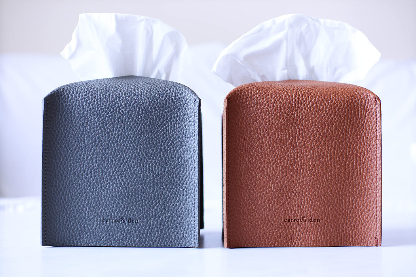 Tissue Box Cover Holder, Square with Bottom Belt by Carrot's Den - PU Leather Decorative Organizer for Tabletop, Bathroom, Car, Office | Camel