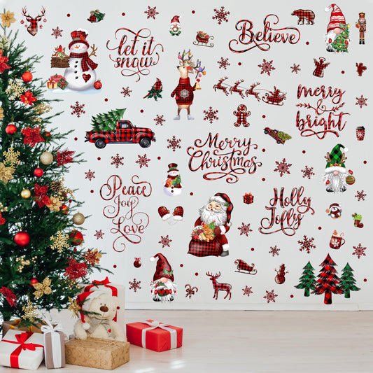Christmas Wall Stickers Decoration 12 Sheets, Buffalo Plaid Christmas Wall Decals Holiday Letter Trees Decor, Winter Snowflake Vinyl Stickers for Living Room Bedroom Home Office