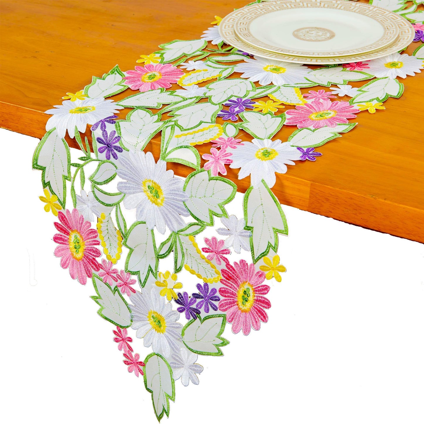 AMARED Spring Daisy Table Runners Embroidered Flowery Applique Floral Cutwork Table Linen for Home Decoration (13 X 54 Inch)