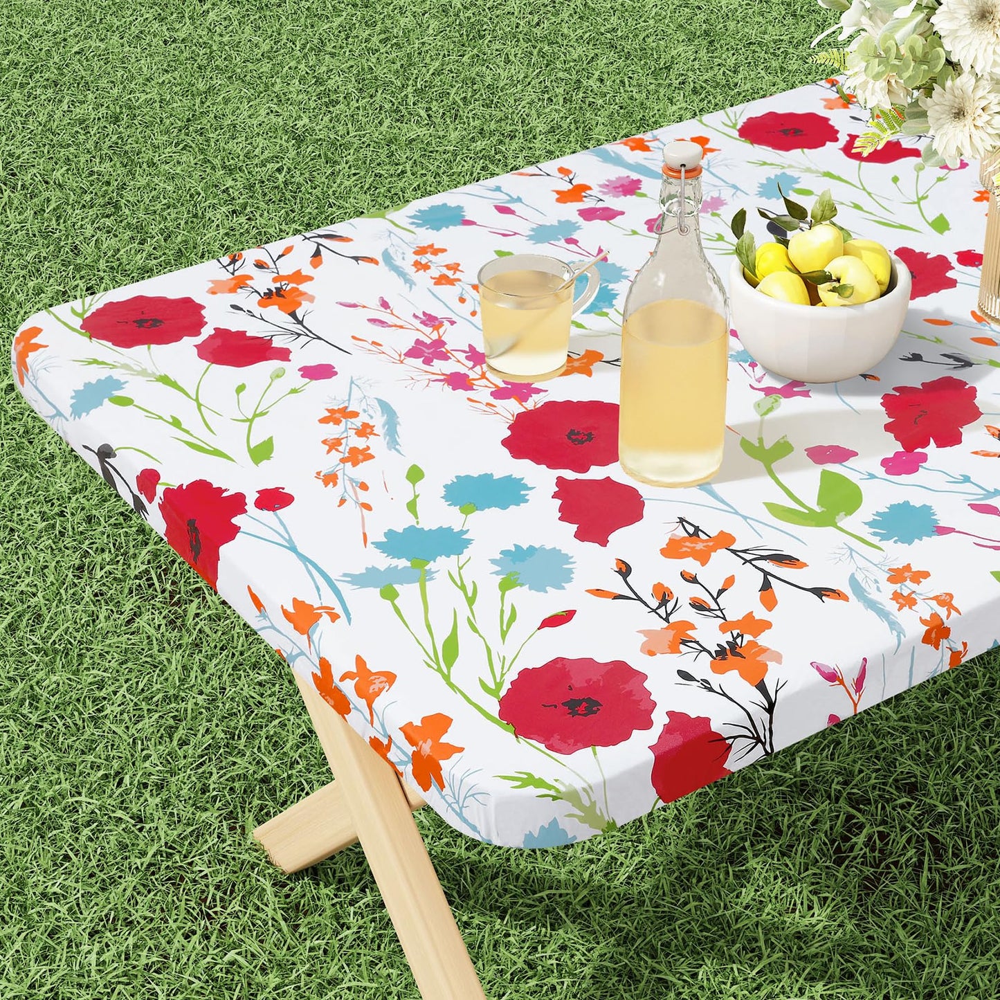 misaya Rectangle Vinyl Tablecloth, Fitted Table Cover, 100% Waterproof, Elastic Edge, Flannel Backing, Plastic Table Cloth Fit 6 Foot Folding Tables for Camping, Picnic, Outdoor (Flowers, 30x72 inch)