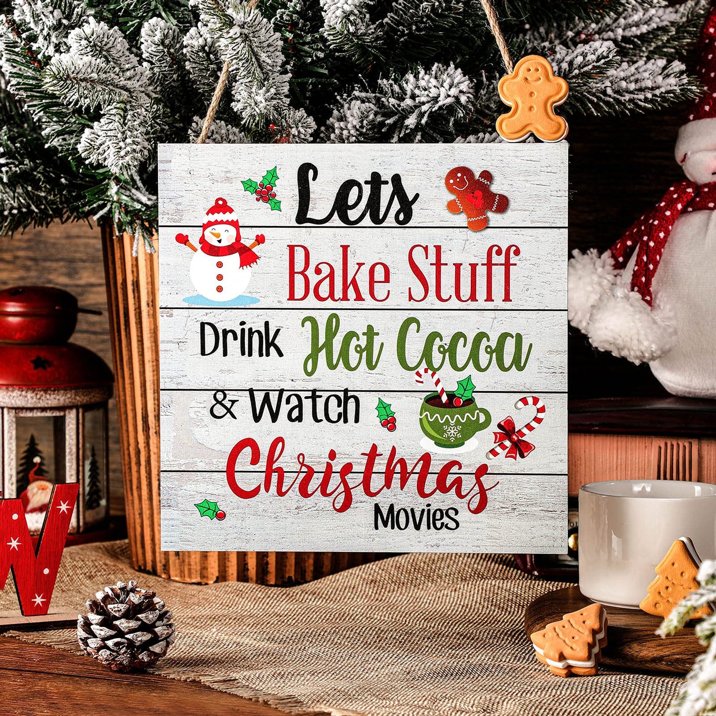 Blulu Christmas Hanging Wooden Sign Christmas Coffee Bar Decor Wood Candy Cane Hot Cocoa Sign Door Hanging Plaque for Xmas Winter Holiday Kitchen Home Wall Decoration(Classic)