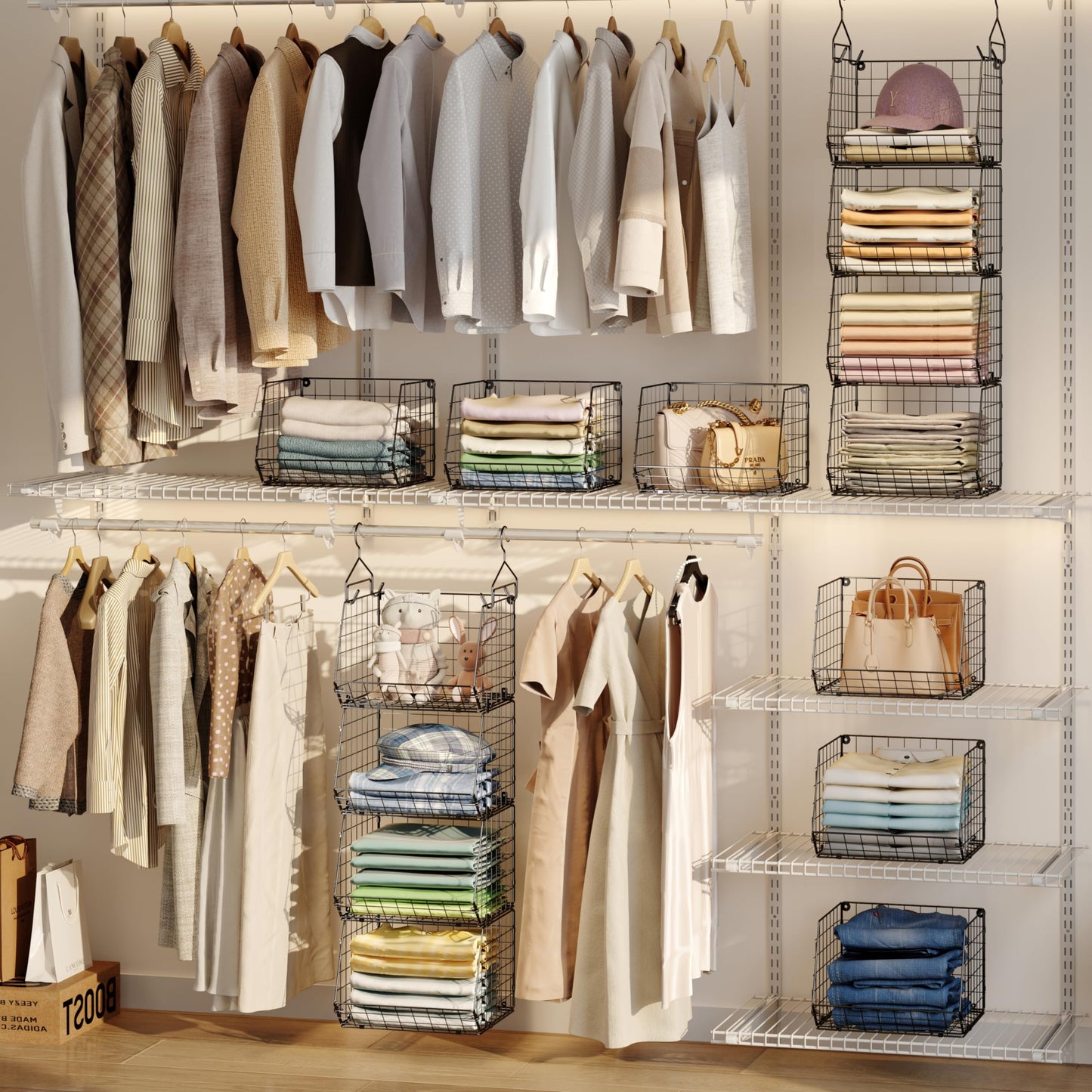 4 Tier Closet Hanging Organizer, Closet Organizers and Storage with 5 S Hooks, Closet Hanging Shelves & Freestanding Wire Storage Basket Bins, for Clothing Shoes Handbags Clutches Accessories Patent