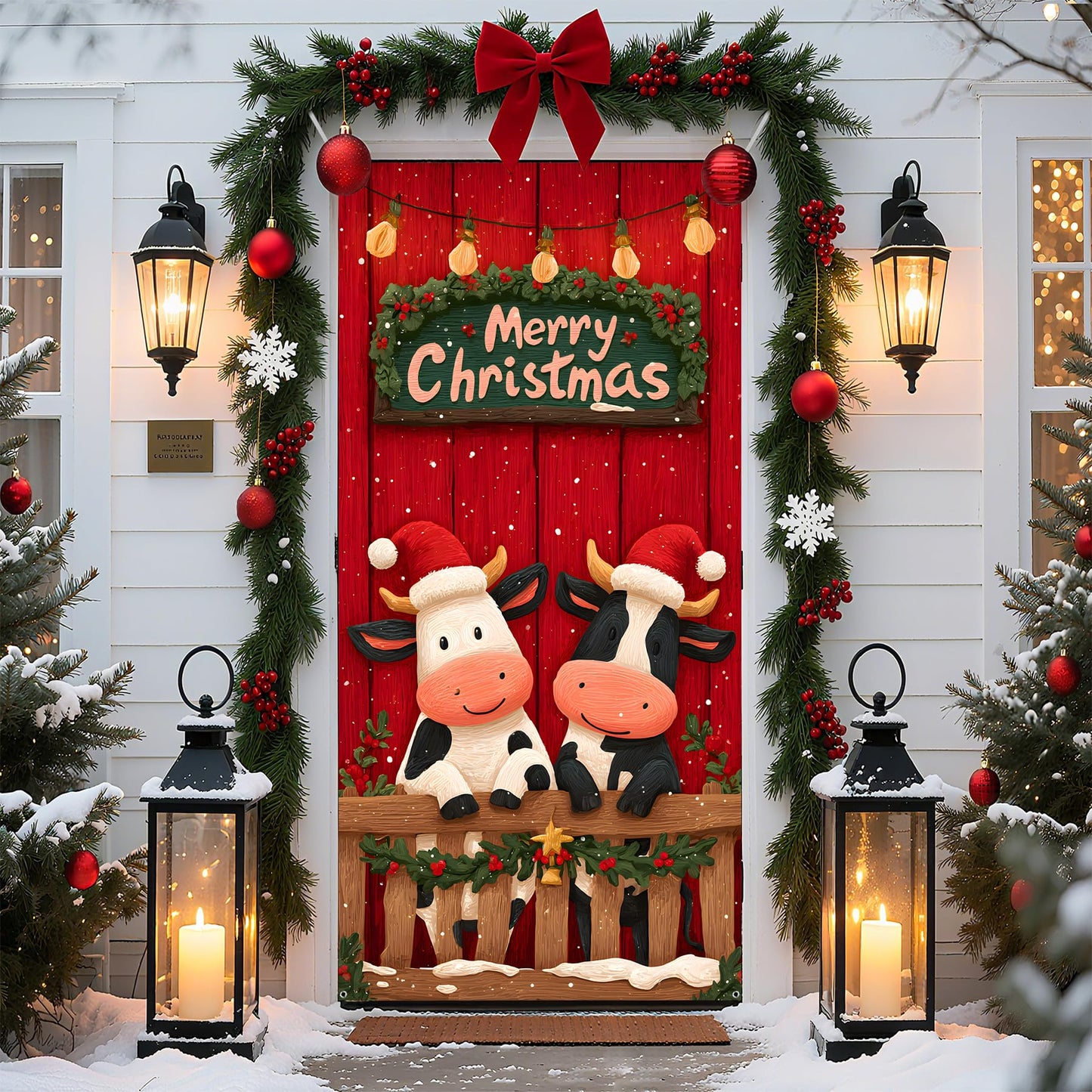 Christmas Door Cover, 35.4 x 70.8 inch Merry Christmas Door Cover Hanging Banner Backdrop Xmas Winter Holiday Decor for Front Door, Two cows