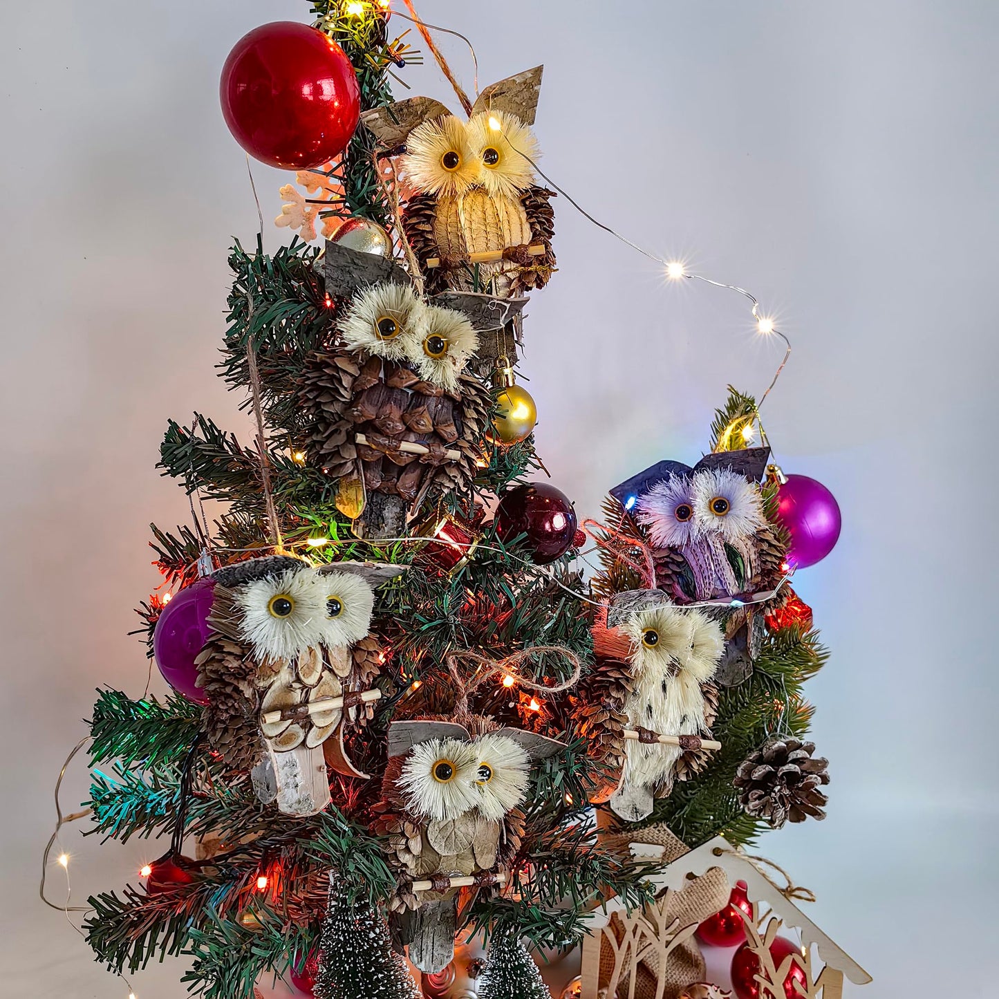 Berfutall-Woodland Animal Owl Ornaments, Wood and Sisal, Set of 6 Assorted, Christmas Tree, Thanksgiving Decor