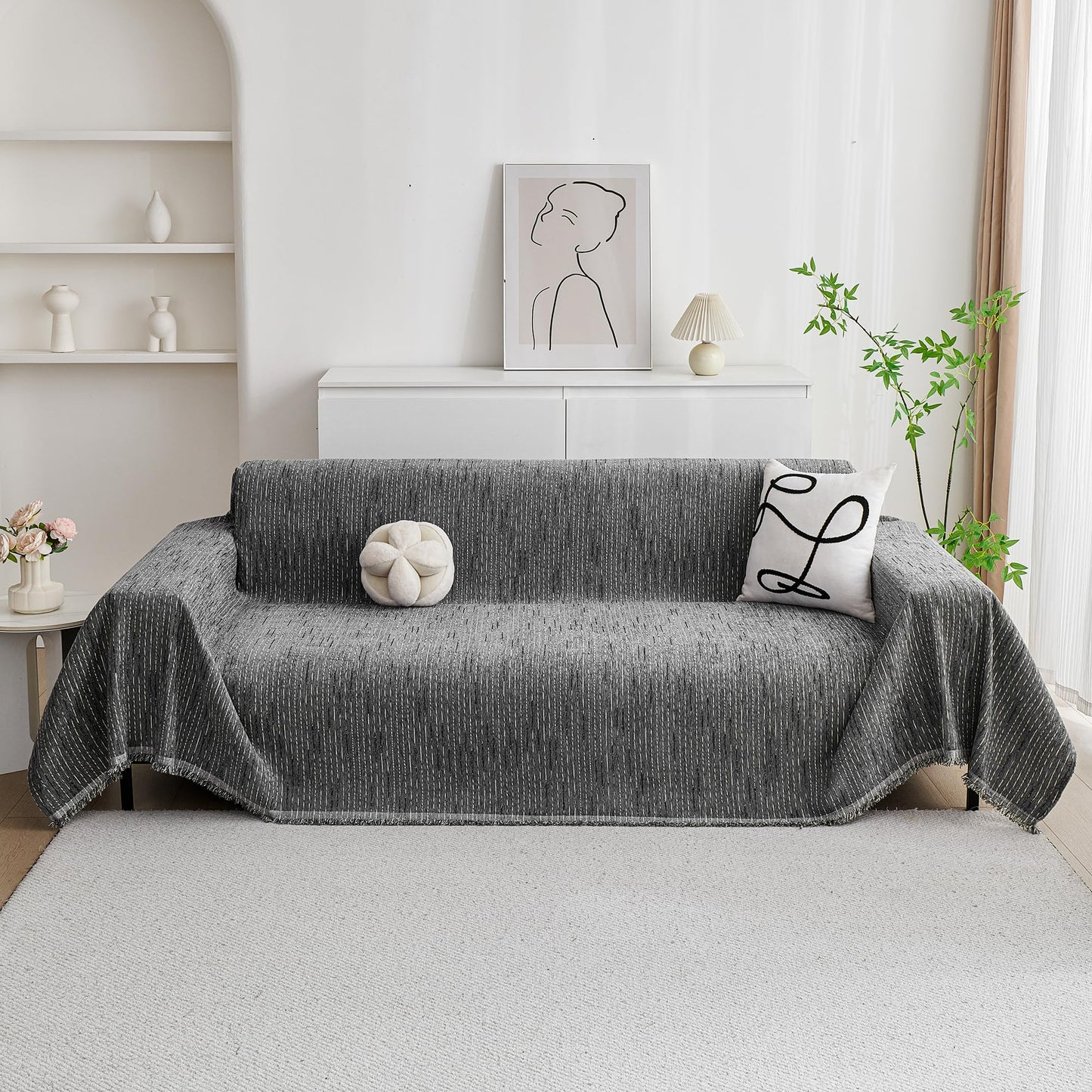 MYSKY HOME Couch Covers for Sofa, Dog Couch Cover Protector, Dark Grey Lines Sofa Covers for Sectional L Shape, Pets Couch Throw Cover Washable Durable Large Couch Cover for Dogs, Cats, 71" X118"