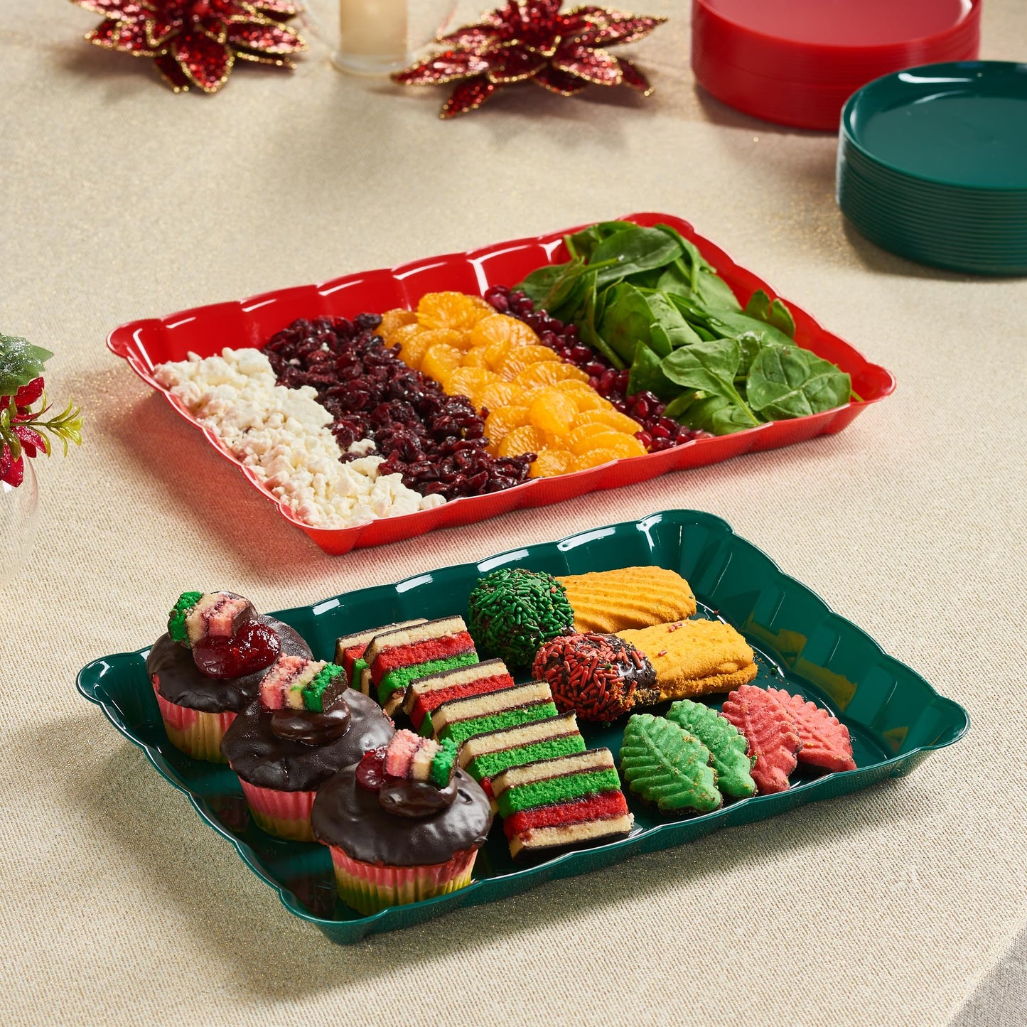 Plasticpro Plastic Serving Trays - Serving Platters Rectangle 9X13 Disposable Party Dish Includes 4 Red Christmas Trays