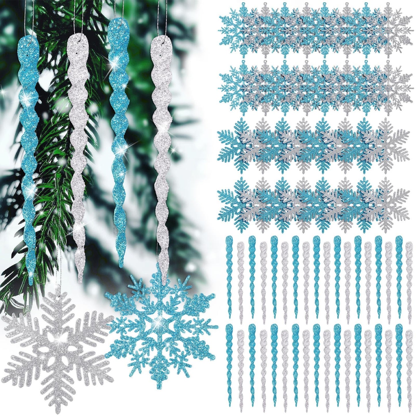 Deekin 72 Pieces Snowflake Icicle Ornaments for Christmas Tree Snowflake Twisted Icicles Glitter Hanging Decorations for Winter Xmas Tree New Year Party Supplies (Light Blue and Silver)