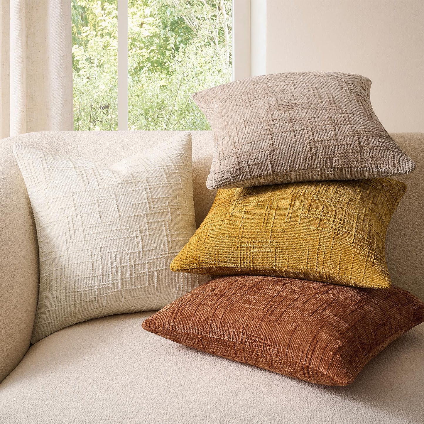 GriNeed Throw Pillow Covers Neutral Khaki Set of 2 18x18 Inch Pillow Covers, Soft Chenille Decorative Pillowcases for Couch Sofa Bed Living Room, Home Boho Decor, Modern Farmhouse Cushion Covers