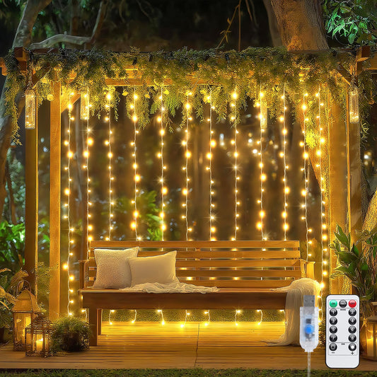 JMEXSUSS 200 LED Curtain Lights for Bedroom, Warm White Curtain Fairy Lights for Backdrop Indoor, USB Hanging String Lights with Remote for Wall Backdrop Wedding Party Decor, 6.5ftx6.5ft