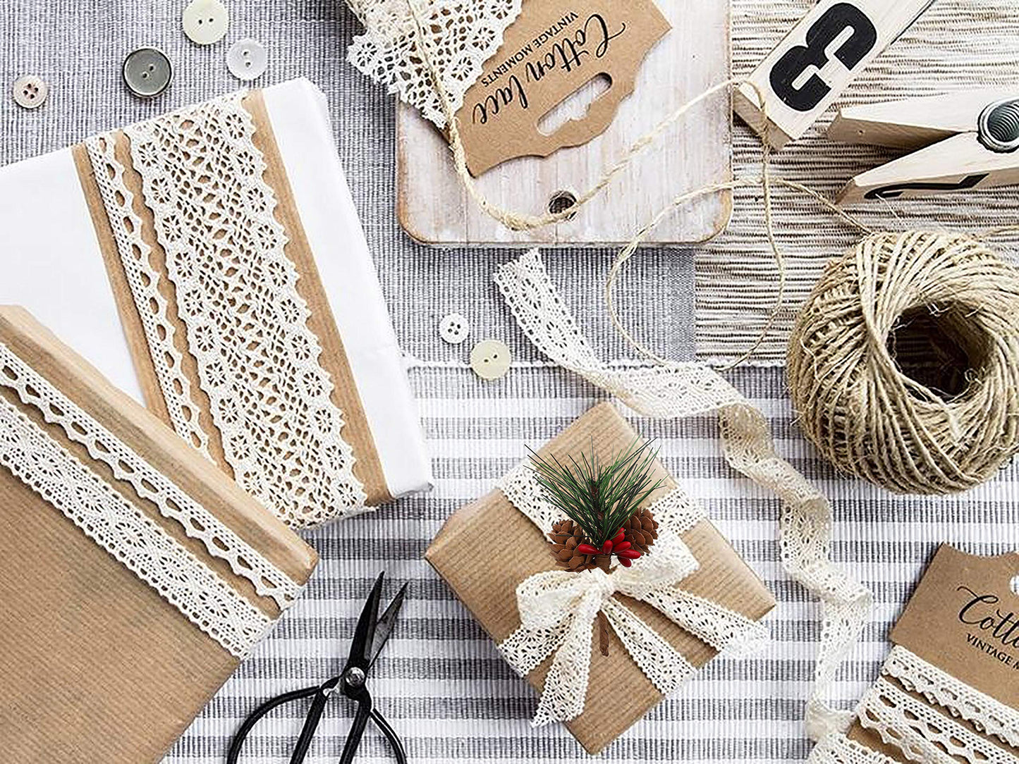 Geefuun 24Pieces Christmas Artificial Pine Needle/Pick Decorations 1 Pack Jute Twine Rope - Xmas Party Gift Wrapping Decor Wreaths Arrangement Tree Ornaments Wedding Supplies