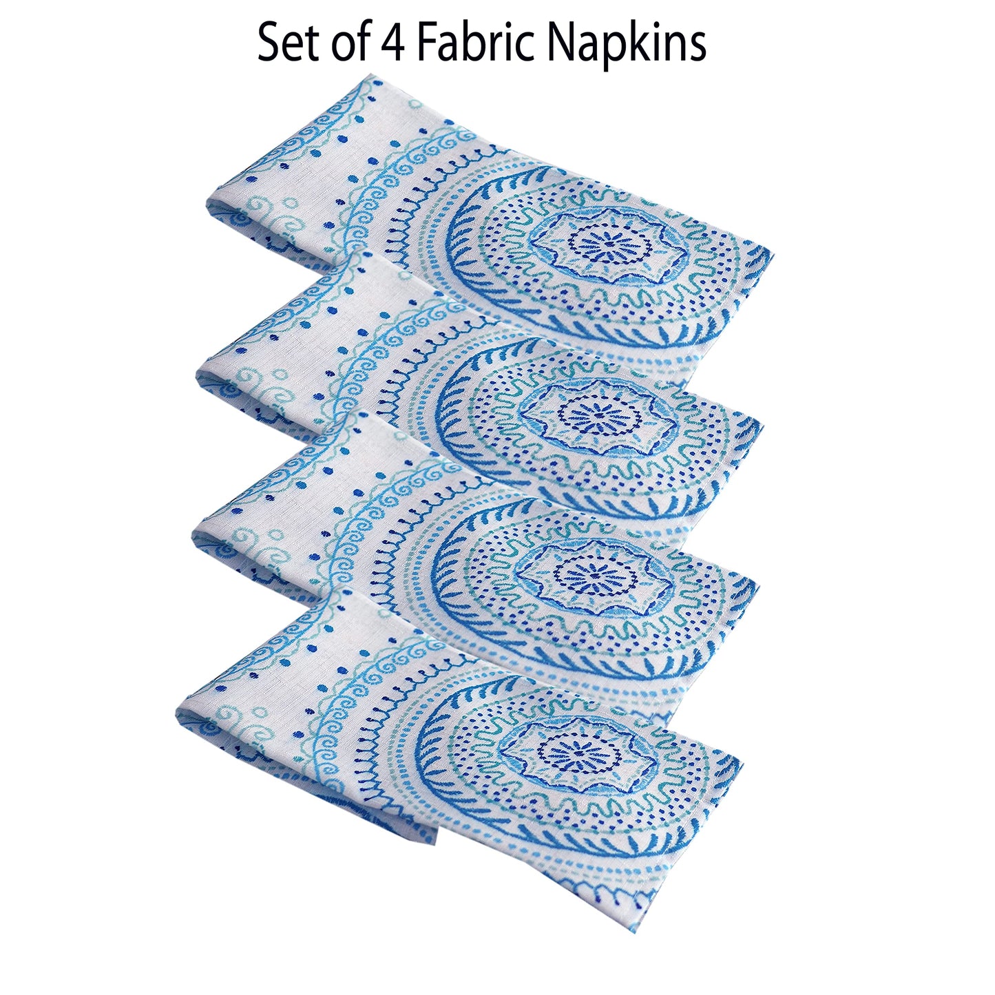 Newbridge Set of 4 Square Fabric Napkins, Blue Circle Stitch, Indoor Outdoor No Iron Soil Resistant Dining Room, Party and Banquet Napkins, Blue Modern Boho Chic Print