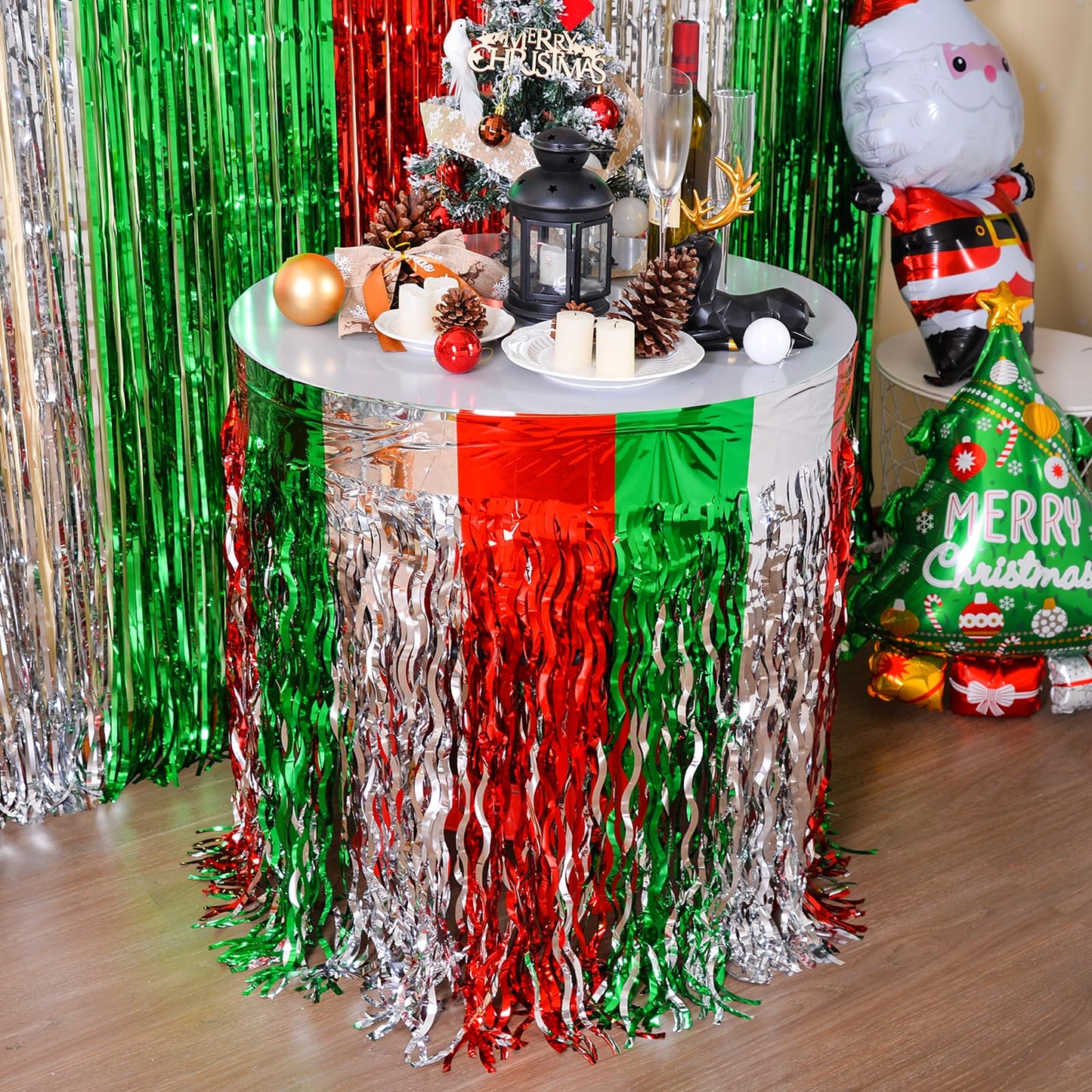 LOLStar Christmas Party Decorations, 2 Pack Red White and Green Wavy Metallic Tinsel Foil Fringe Table Skirt for Rectangle & Round Tables, Perfect Table Decorations for Christmas Ugly Sweater Party
