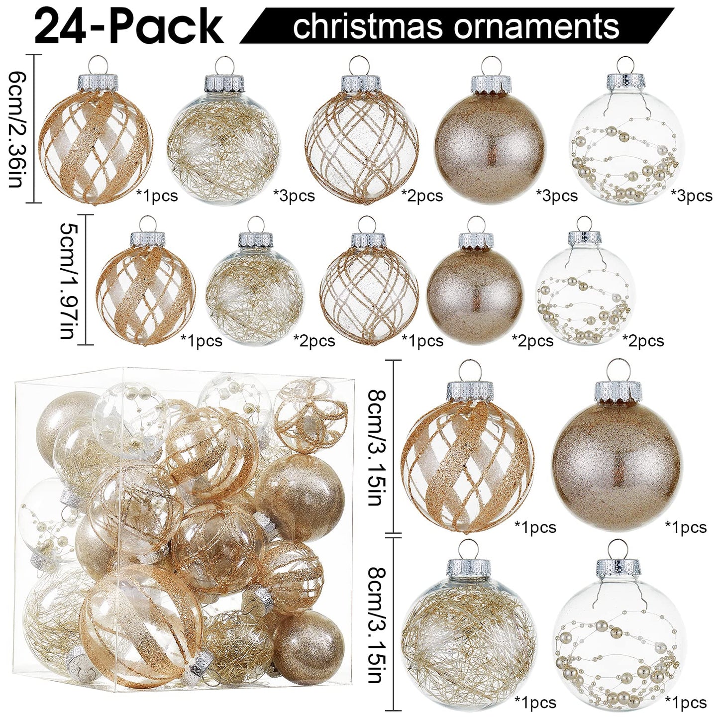 Clear Christmas Ball Ornaments,24ct Shatterproof Plastic Decorative Christmas Ornaments Hanging Xmas Tree Baubles Set with Stuffed Delicate Glittering Decorations for Holiday Party Decor (Champagne)