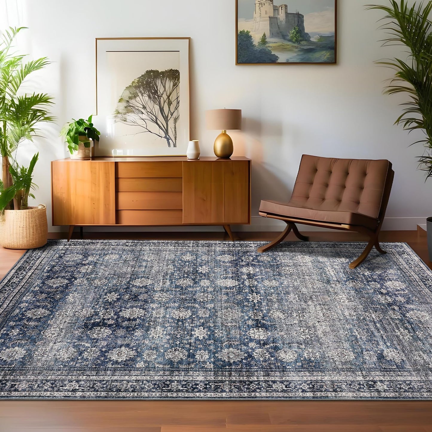 GarveeHome Washable Area Rugs 5x7 Vintage Printed Accent with Non-Slip Backing, Stain-Resistant Oriental Throw Rugs, Farmhouse Low Pile Rugs for Bedroom, Living Room, Blue