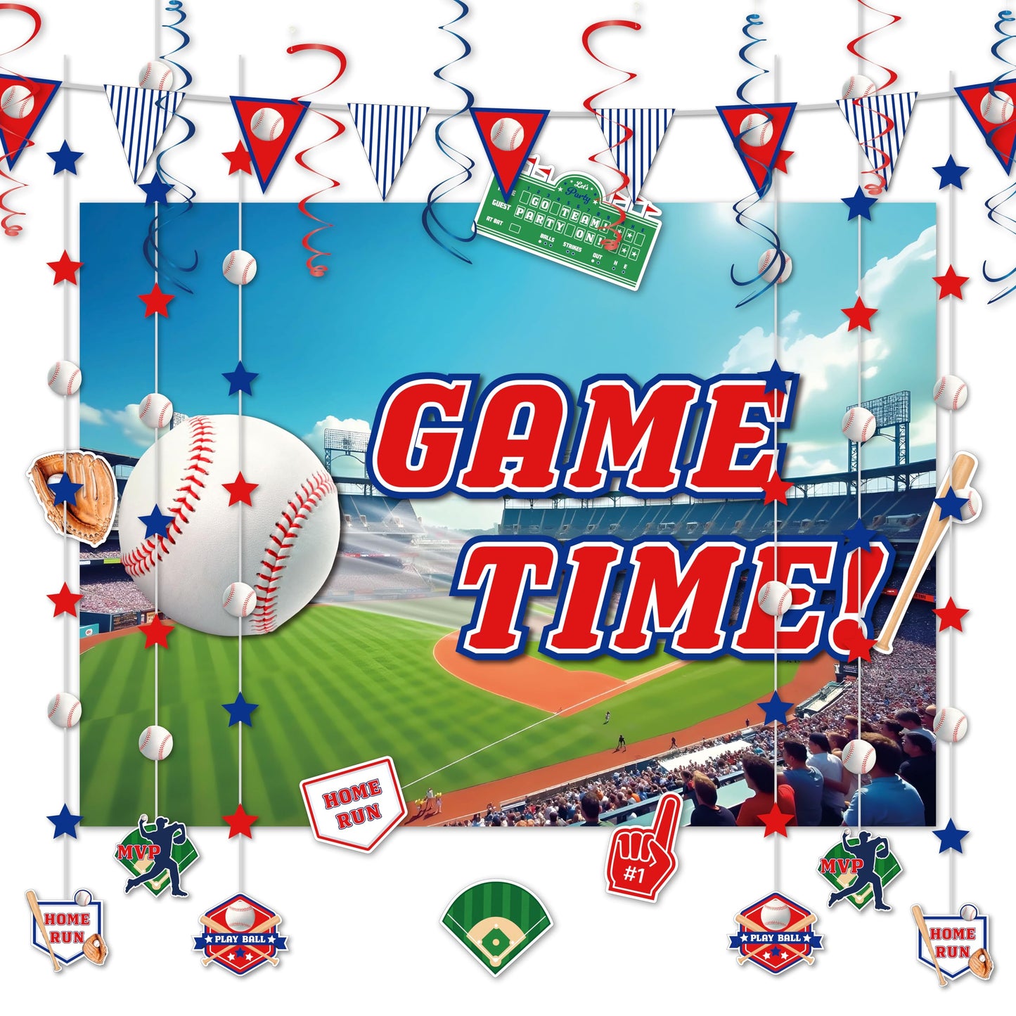 HonuGoGo Baseball Party Decorations, 33PCS Set with Game Time Backdrop, Paper Banners, Hanging Swirls and Cutouts, Red Blue White Baseball Themed Decor for Sport Events and Birthday Celebrations