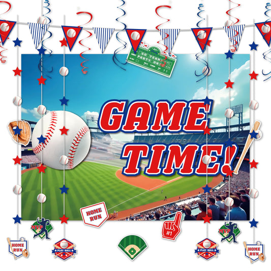 HonuGoGo Baseball Party Decorations, 33PCS Set with Game Time Backdrop, Paper Banners, Hanging Swirls and Cutouts, Red Blue White Baseball Themed Decor for Sport Events and Birthday Celebrations