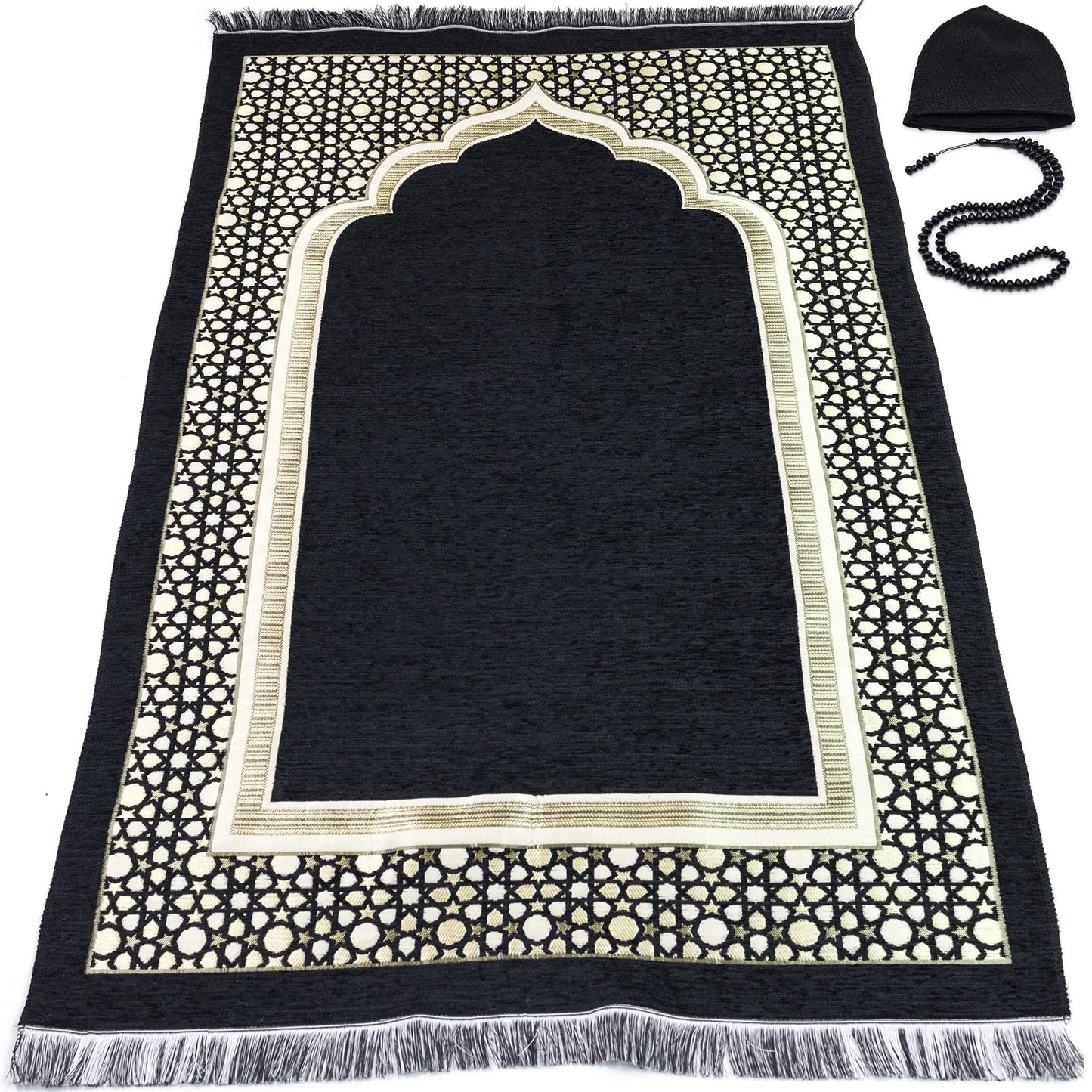 Modefa Turkish Islamic Prayer Mat - Thin Woven Chenille Sajjadah - Intricate Praying Rug Ramadan Eid Gift - Traditional Muslim Janamaz Sajada for Men Women - Geometric Selcuk Star (Black)