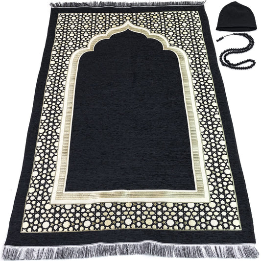 Modefa Turkish Islamic Prayer Mat - Thin Woven Chenille Sajjadah - Intricate Praying Rug Ramadan Eid Gift - Traditional Muslim Janamaz Sajada for Men Women - Geometric Selcuk Star (Black)